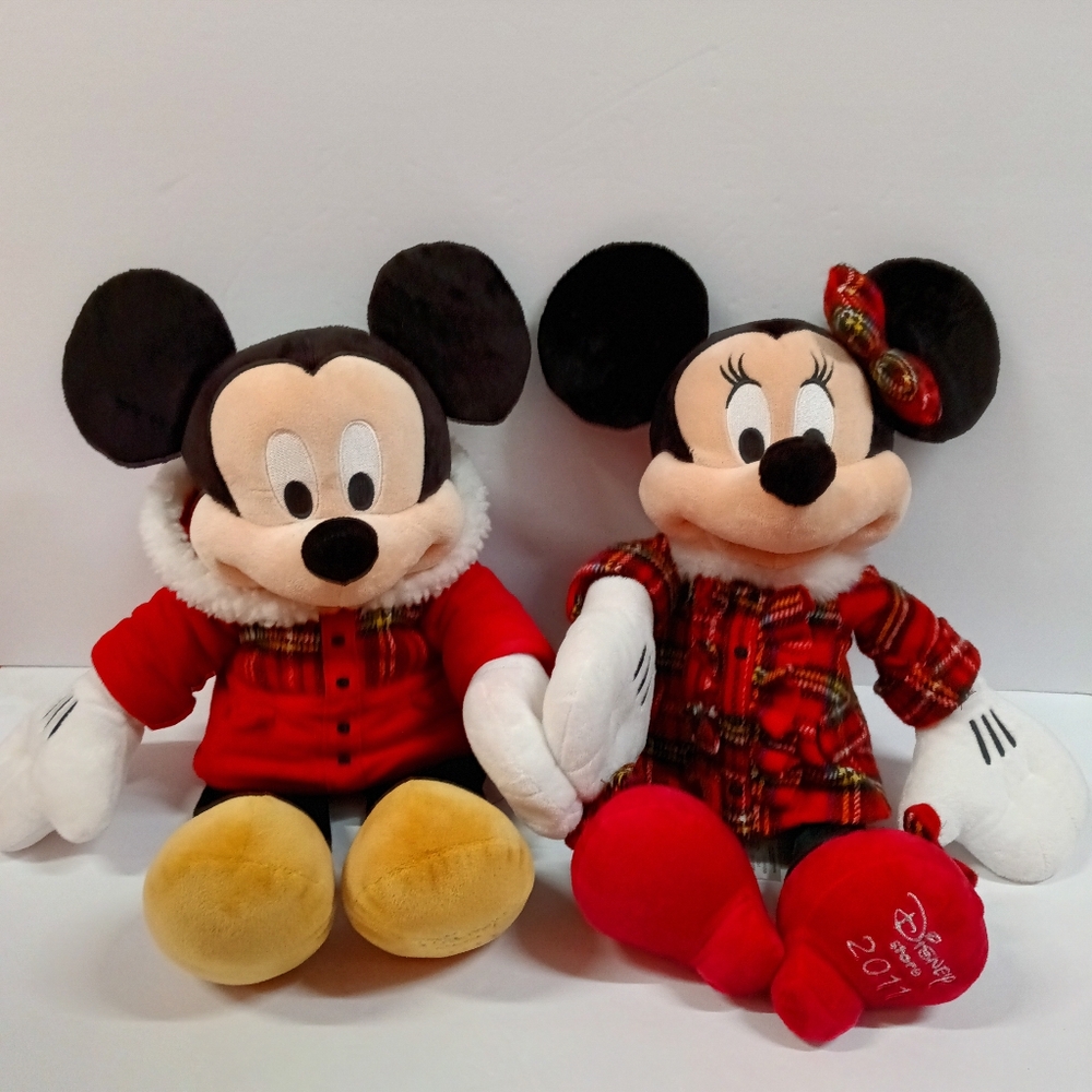 Disney Store 2011 Minnie & Mickey Mouse Plush Christmas Plaid